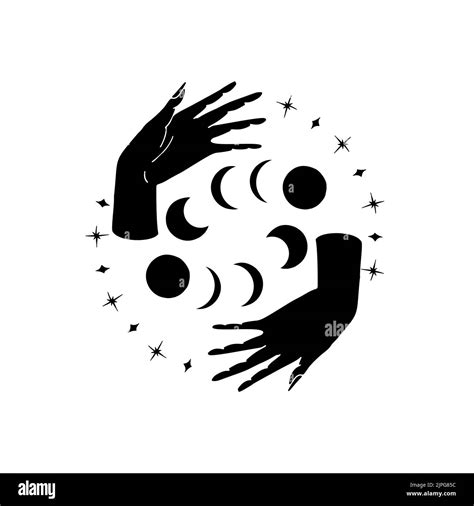 Black Silhouette Of Moon Phases And Stars With Witch Hands Stock Vector
