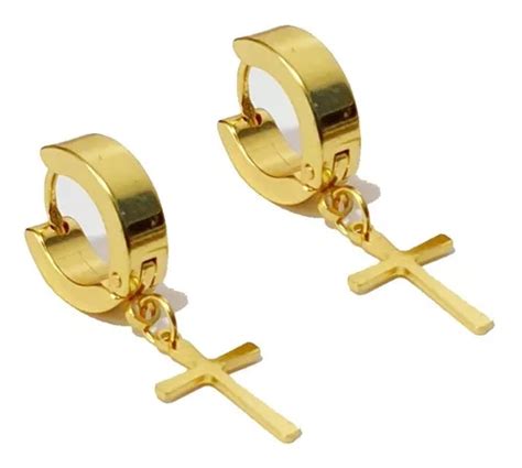 Par Brinco Masculino Argola Cruz A O Dourado Inoxid Vel L