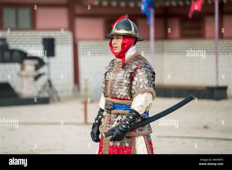 Korean Soldier With Traditional Joseon Dynasty During Show Martial Arts