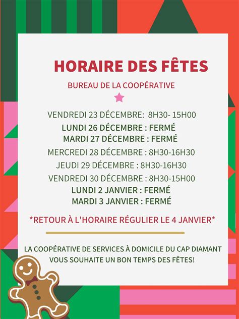 Horaire des Fêtes 2022 2023 Services à domicile du Cap Diamant