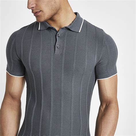 Grey Knitted Muscle Fit Polo Shirt Polo Shirts Men