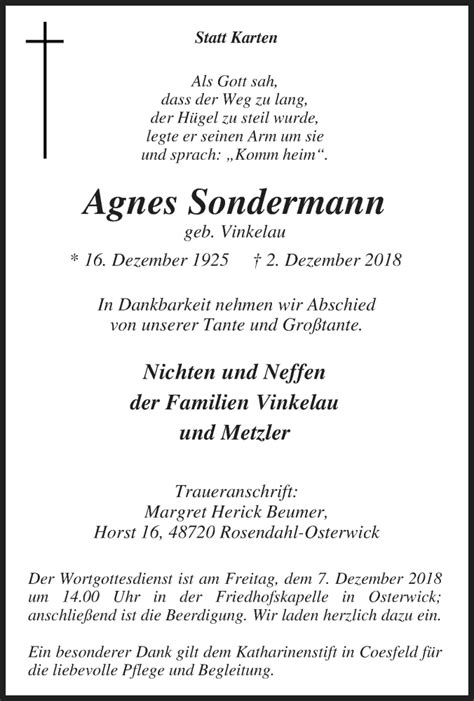 Traueranzeigen Von Agnes Sondermann Trauer In Nrw De