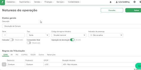 Como Cadastrar Uma Natureza De Opera O De Devolu O De Compra Bling