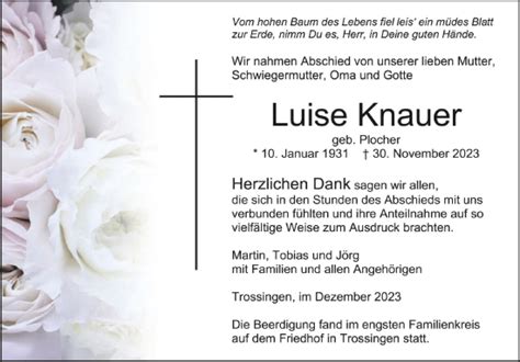 Traueranzeigen Von Luise Knauer Schwaebische De Trauerportal