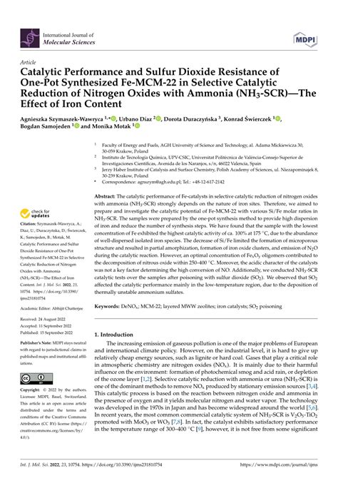 Pdf Catalytic Performance And Sulfur Dioxide Resistance Of One Pot