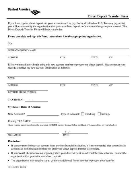 Bank Of America Transfer Form ≡ Fill Out Printable Pdf Forms Online