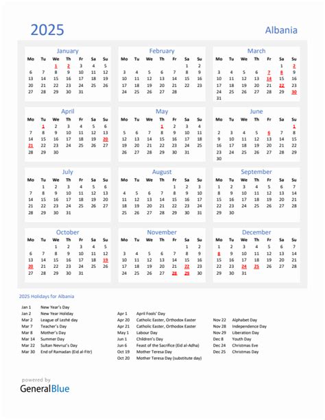 Albania 2025 Calendar With Holidays