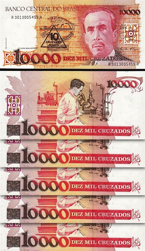 Brazil 10 Cruzados Novos 10000 Cruzados 1989 UNC 5 PCS Consecutive