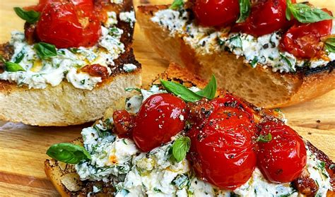 Garlic And Herb Goat Cheese Toasts With Blistered Tomatoes Felix And Greg