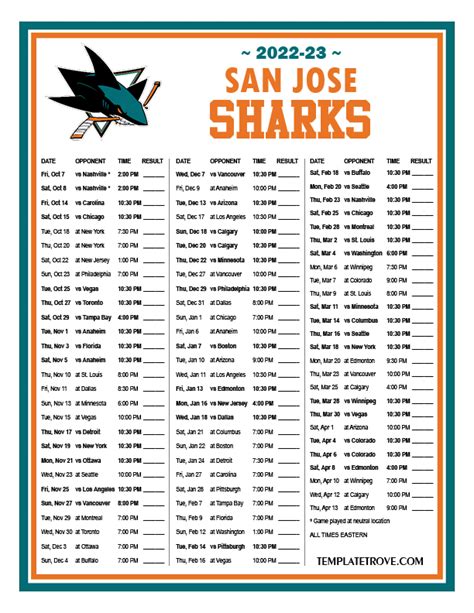 Printable 2022-2023 San Jose Sharks Schedule