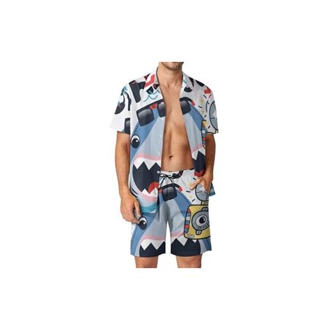 Fenac Squalo Camera Uomo Hawaiana Camicia E Pantaloncini Button Down