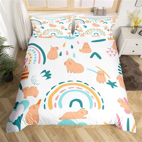 Capybara Bedroom Comforter Cover Rainbow Bedding Set Kawaii Decor