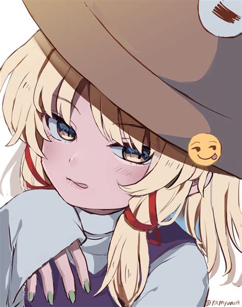 Safebooru 1girl Blonde Hair Blush Brown Headwear Closed Mouth Emoji