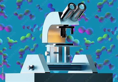 Biologist microscope. Device for biological laboratory. Abstract molecules behind microscope ...