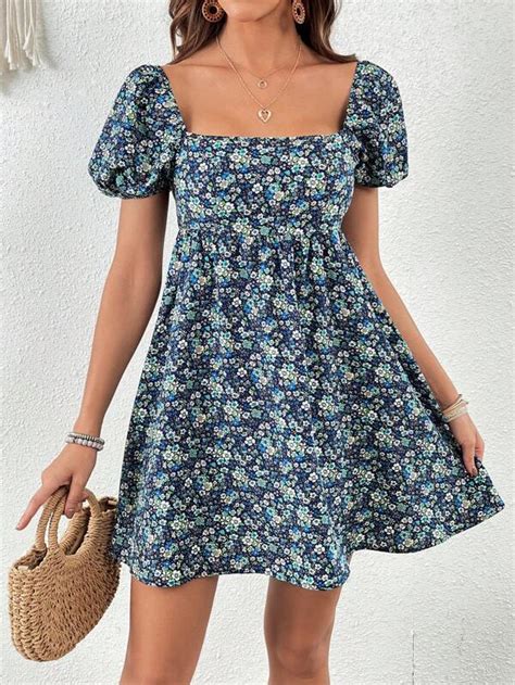 Shein Wywh Ditsy Floral Print Square Neck Puff Sleeve Dress Shein Usa