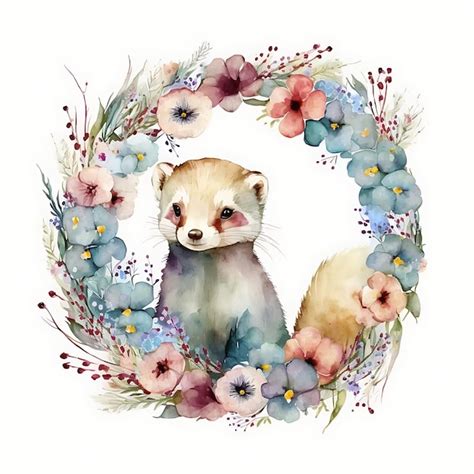 Premium AI Image | Watercolor baby Ferret colorful floral