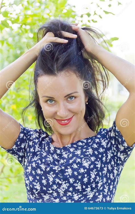 Brunette Woman Playing With Black Hair Stock Image Image Of Female White