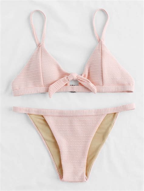 Knot Front Thin Strap Textured Bikini Set Shein Sheinside