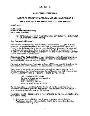 Fillable Online Sfpublicworks EXHIBIT 5 APPLICANT LETTERHEAD NOTICE OF