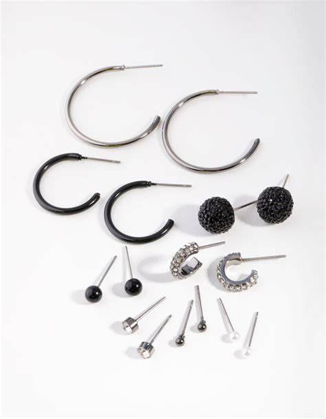 Mixed Metal Diamante Stud Hoop Earring 8 Pack Parallel