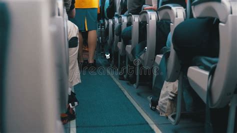 Passengers Inside The Cabin Of Passenger Aircraft Sitting On The Chairs During The Flight Stock