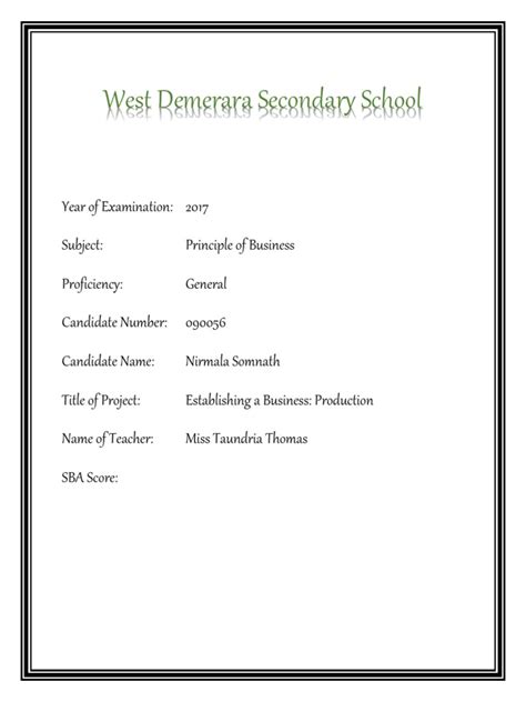 West Demerara Secondary School Students Business Project Pdf