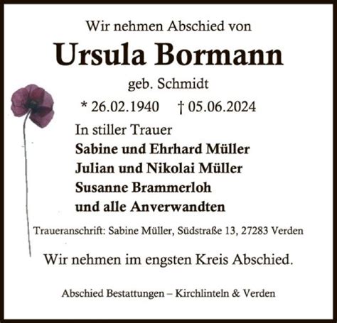 Traueranzeigen Von Ursula Bormann Trauer Kreiszeitung De