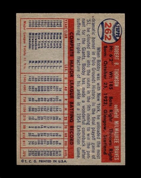 1957 Topps Set Break 262 Bobby Thomson NM MT OR BETTER GMCARDS EBay