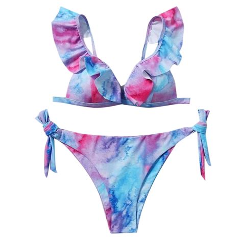 DOPI Women S Sexy Tie Dye Lace Up High Cut Leg Halter Bikini Set Two