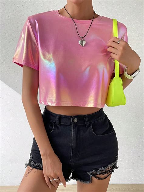 SHEIN EZwear Holográfico Camiseta Cortada SHEIN Brasil