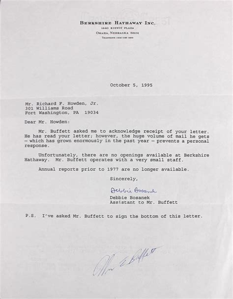 Warren Buffett Signed 1995 Berkshire Hathaway 8 5x11 Typed Letter