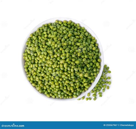 Bowl With Green Mung Beans Isolated On White Top View Organic Grains