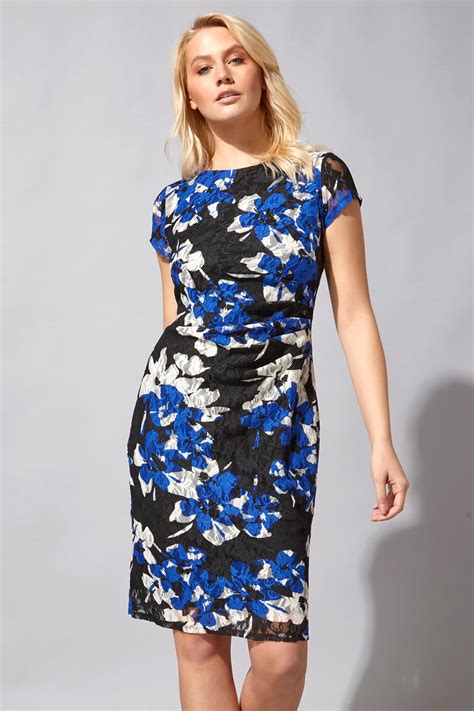 Floral Print Ruched Lace Dress In Blue Roman Originals Uk