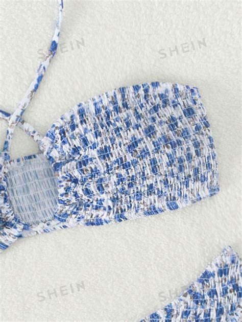 Shein Swim Vcay Bikini Mit Neckholder Bl Mchen Muster Band Hinten