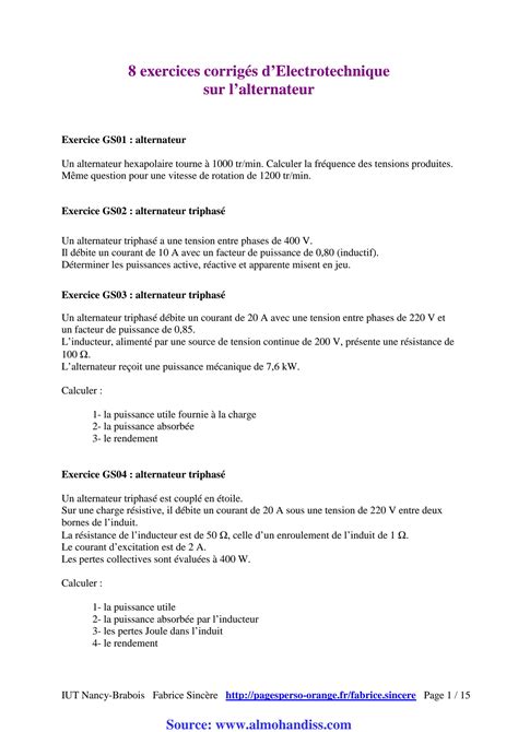 SOLUTION Exercices Corrig S D Electrotechnique Sur L Alternateur