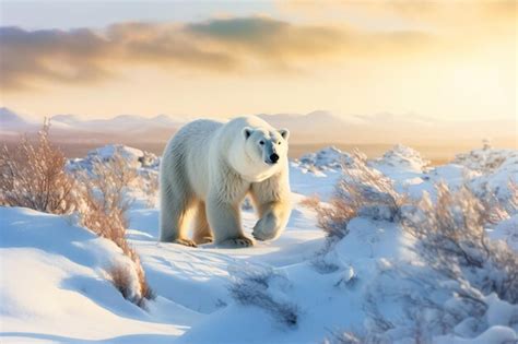 Premium AI Image | A polar bear in the snow with mountains in the ...