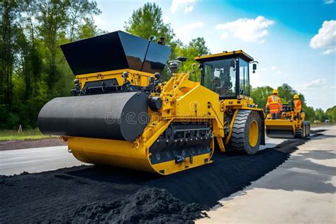 Worker Operating Asphalt Paver Machine Finisher During Road