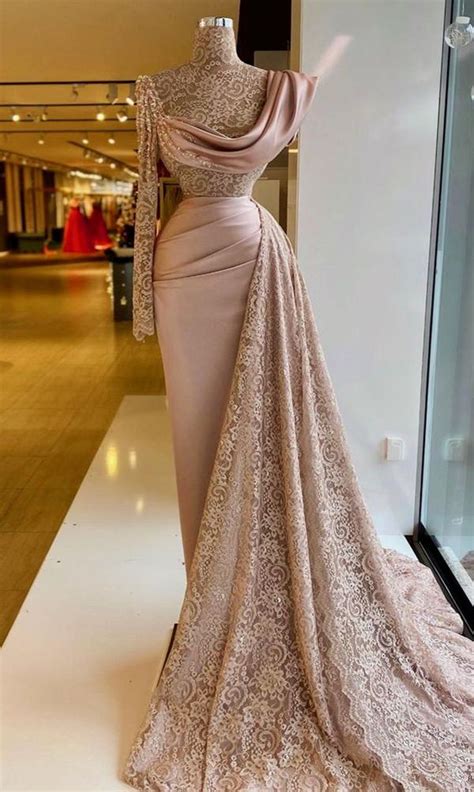 Indian Style Blush Pink Sheer Lace Evening Dress With Long Sleeves And