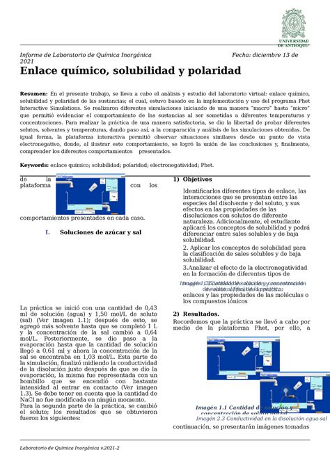 Informe Enlace Quimico Solubilidad Y Polaridad Informe De