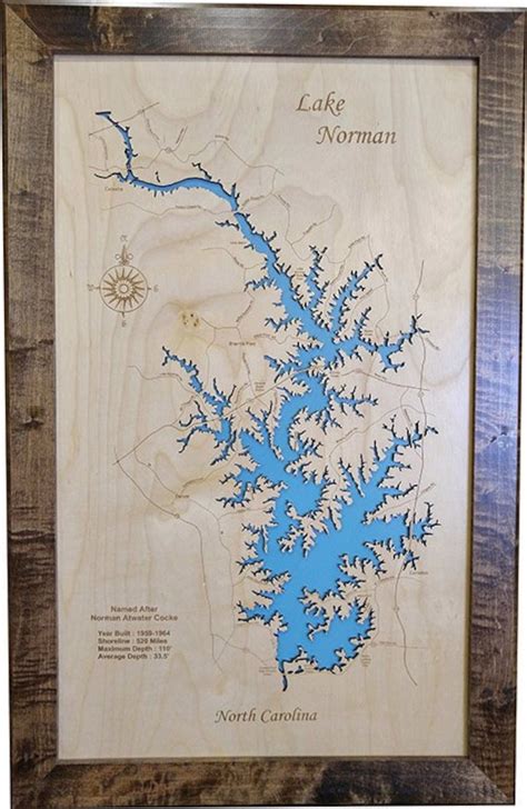 Wood Laser Cut Map Of Lake Norman Nc Topographical Engraved Etsy