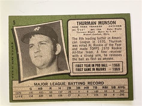 1971 Topps Baseball Card 5 Thurman Munson EX 1970 All Star Rookie