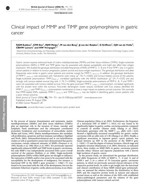 Pdf Clinical Impact Of Mmp And Timp Gene Polymorphisms In Gastric Cancer