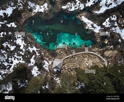 Aerial view above Lake Zelenci nature park in winter, Slovenia Stock ...