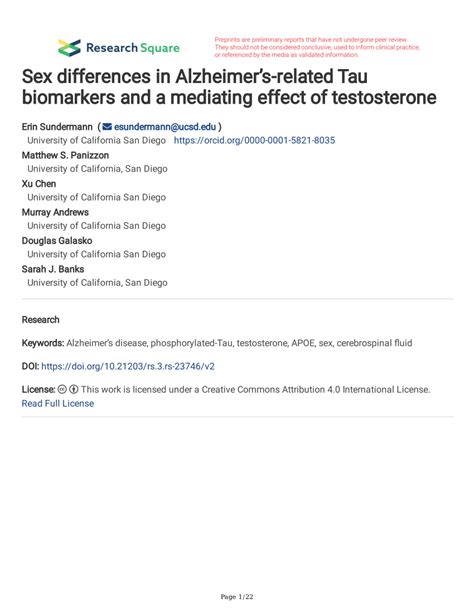 Pdf Sex Differences In Alzheimers Related Tau Biomarkers And A