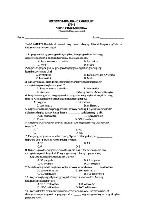 EPP 4 Third Periodical TEST IKATLONG MARKAHANG PAGSUSULIT EPP 4