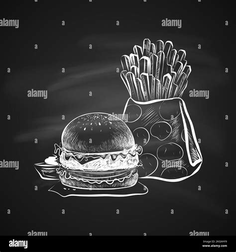 Big Hamburger Or Cheeseburger And French Fries Burger Logo Isolated On A Chalkboard Realistic