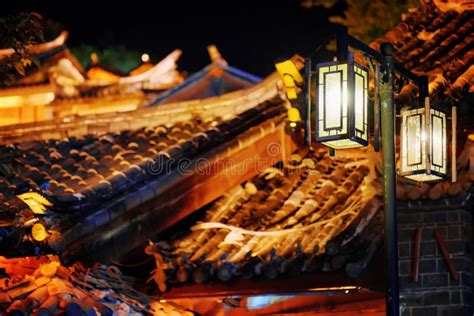 Night View Of Street Lamp And Traditional Chinese Roofs Stock Image