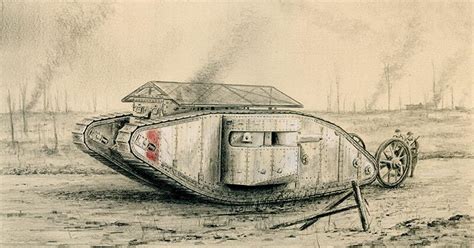 British Mark I Tank by Stephen Brown - Original WWI Military Drawing.