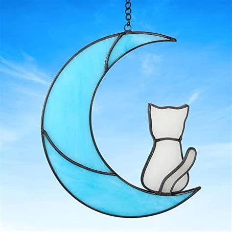 White Cat Suncatcher And Blue Moon Decor Hanging Stained Glass Suncatcher Window