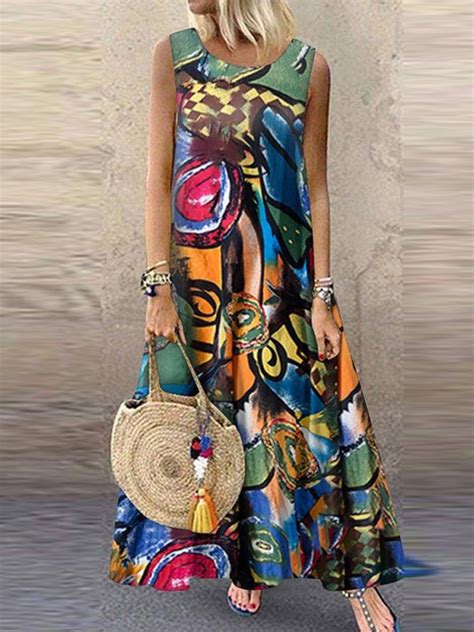 Sleeveless Printed Round Neck Vintage Weaving Dress Noracora